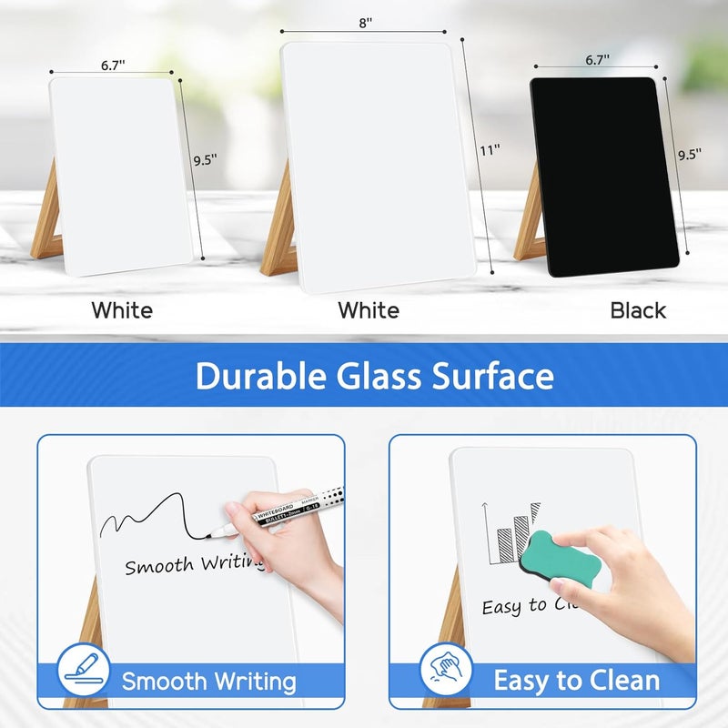 WALGLASS لوحة زجاجية بيضاء مكتبية 9.5" × 6.7" مع حامل خشبي قابل للعكس، لوحة جافة محمولة، سبورة بيضاء صغيرة للمكتب، دفتر ملاحظات قابل لإعادة الاستخدام مع 2 قلم وممحاة للاستخدام المنزلي والمكتبي - Image 4
